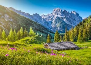 Idyllic landscape in the Alps with mountain chalet in springtime