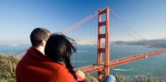 Couple overlooking Golden Gate Bridge in California