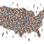 USA map made of many people, large crowd shape. Group of people stay in us country map formation. Immigration, election, multicultural diversity population concept. Vector isometric illustration.