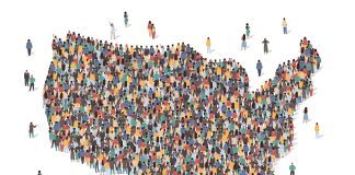 USA map made of many people, large crowd shape. Group of people stay in us country map formation. Immigration, election, multicultural diversity population concept. Vector isometric illustration.